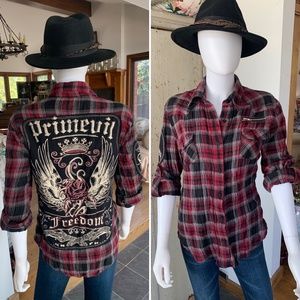 Women's Primevil Red Plaid Button Down Shirt